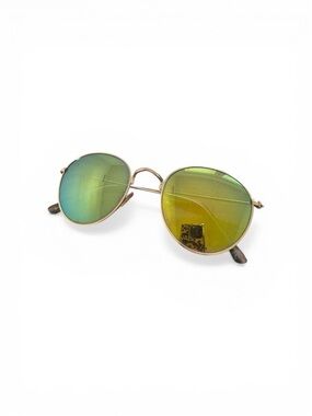 Round Gold-Frame Sunglasses with Green-Yellow Mirrored Lenses
